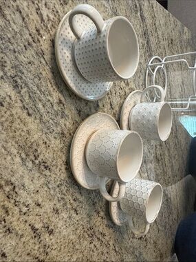 Set of 4 Textured White  Espresso Cups with Saucers